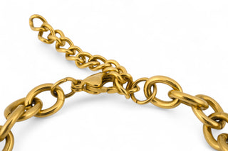 Trendy gold-plated stainless-steel charm necklace on a white background