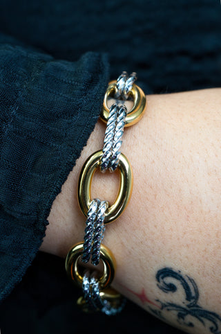 stainless steel gold and silver chain bracelet on a wrist
