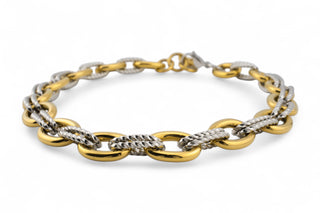 Stainless steel two-tone gold and silver chain necklace on a white background