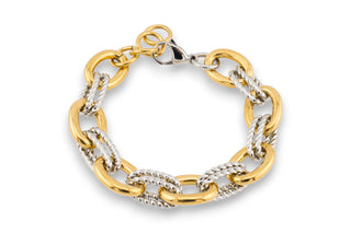 Stainless steel gold and silver chain bracelet on a white background