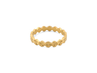 Gold band trendy ring with textured design on a white background
